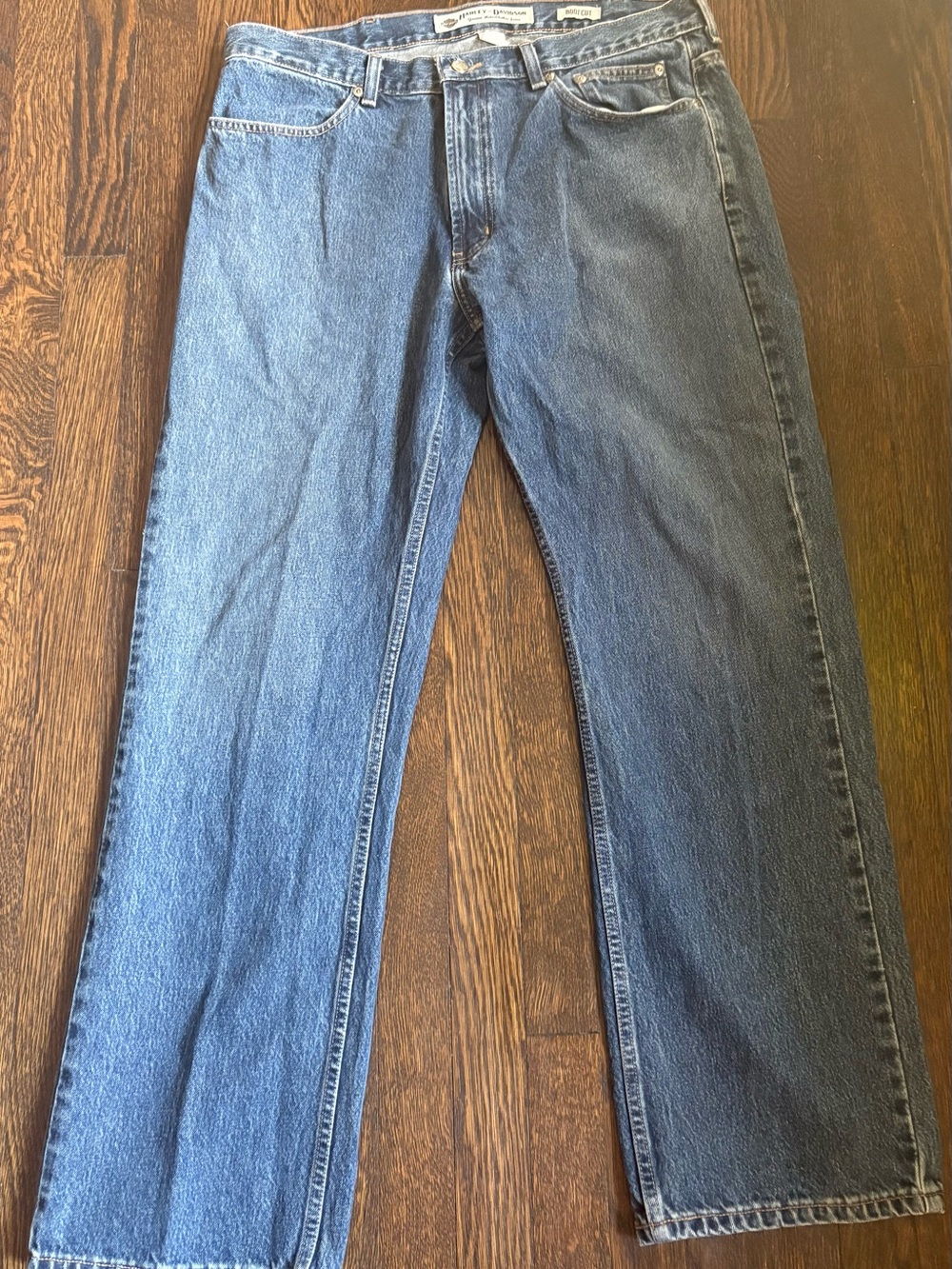 Harley-Davidson Men's Indigo Blue Denim Jeans with Leather Patch - Picture 2 of 7
